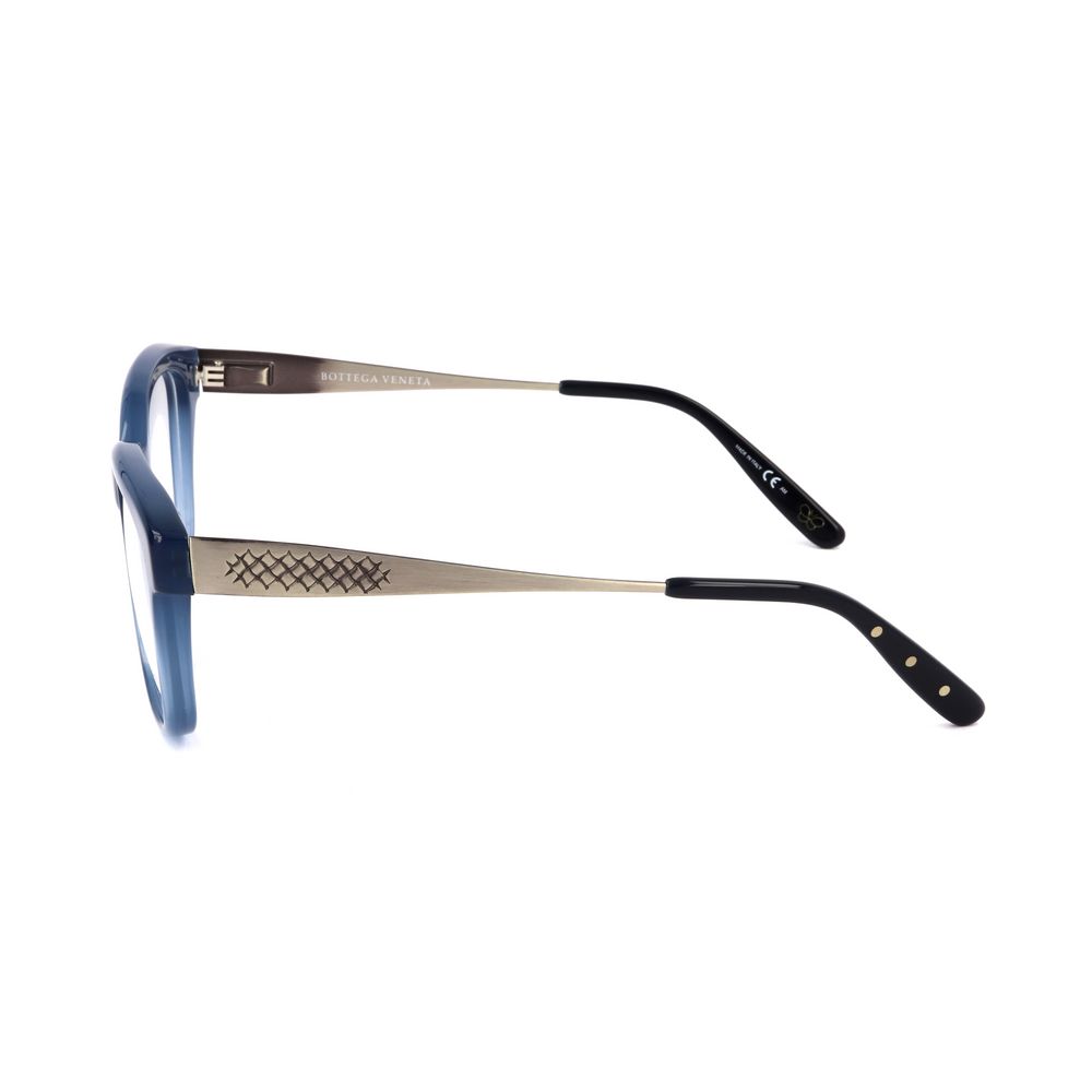 Side view of Bottega Veneta Bicolor Acetate Glasses (Frames) in blue and matte silver, showcasing the temple design and acetate material.