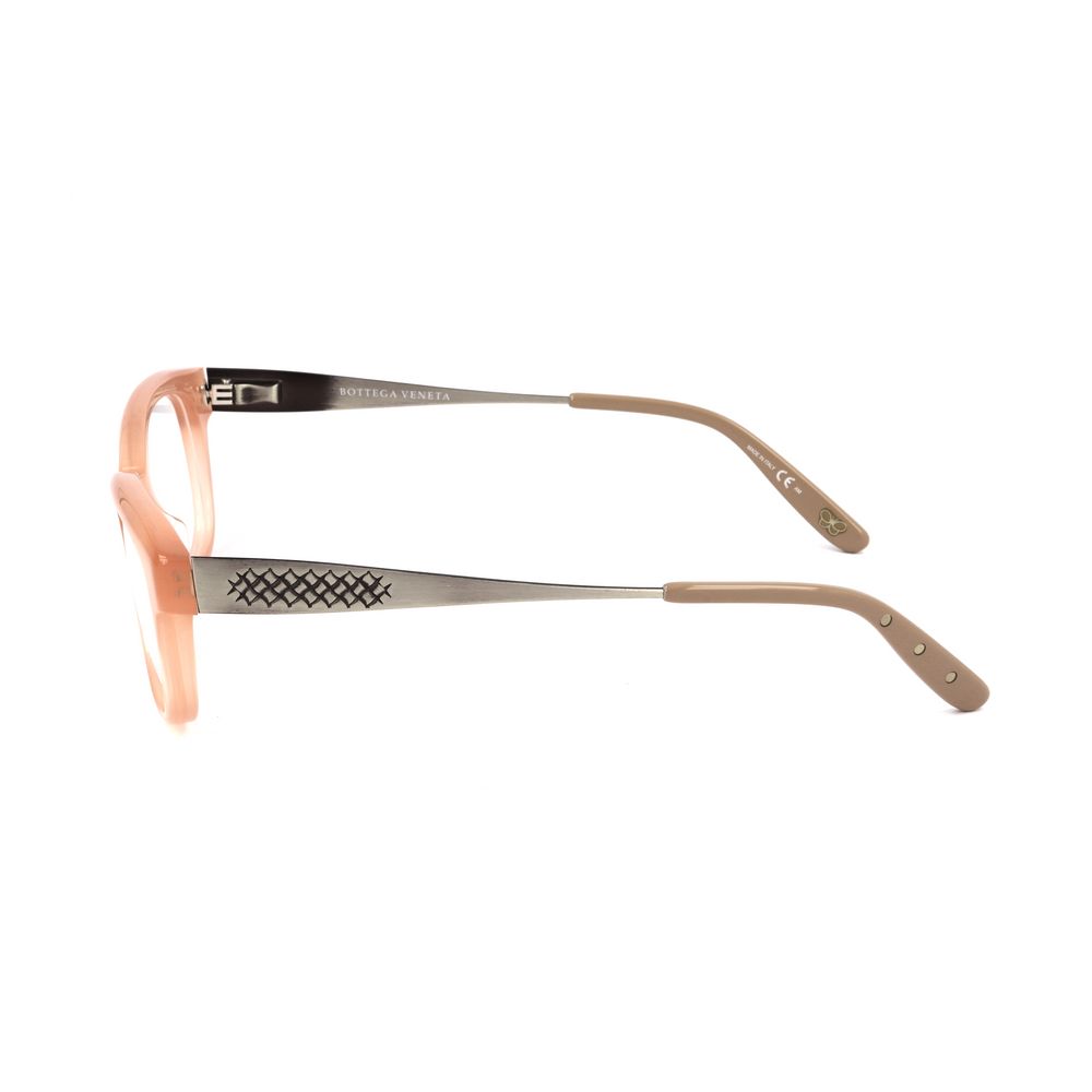 Side view of Bottega Veneta Bicolor Acetate Glasses (Frames) in matte pink and silver, showcasing the temple and detailed design.