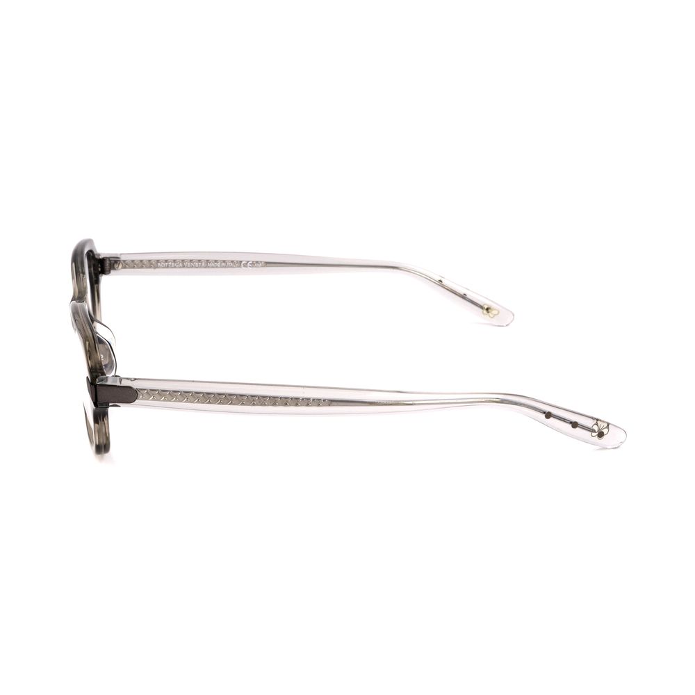 Side view of Bottega Veneta Bicolor Plastic Glasses (Frames) in black havana and transparent gray, showcasing temples and design.