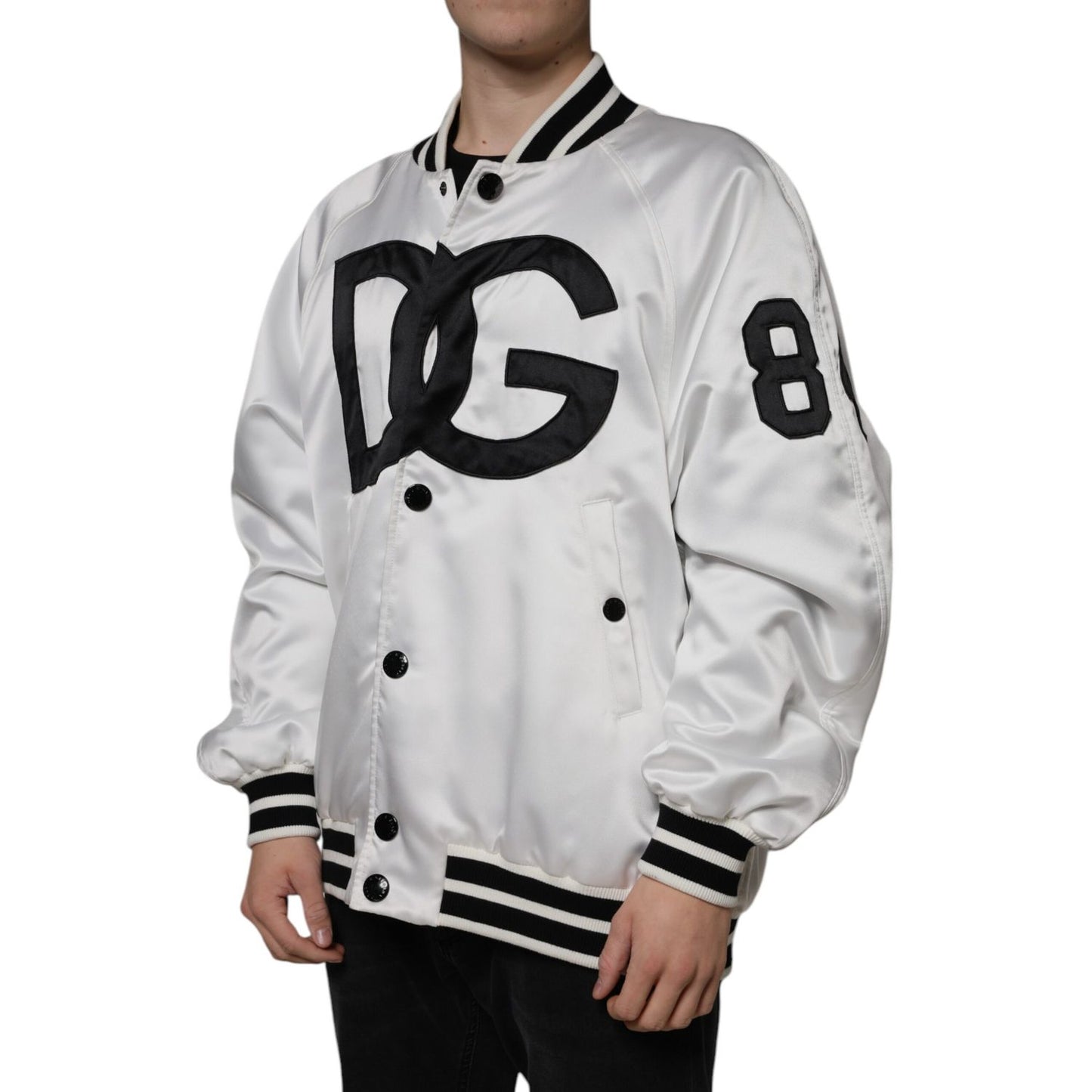 Dolce & Gabbana White Polyester Logo Full Zip Bomber Jacket