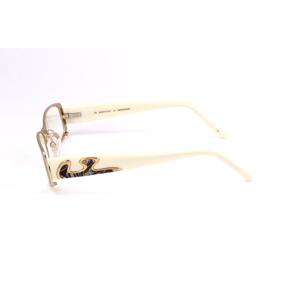 Side view of Emilio Pucci Gold Metal Frames with decorative temple design, showcasing detailed craftsmanship and golden color.