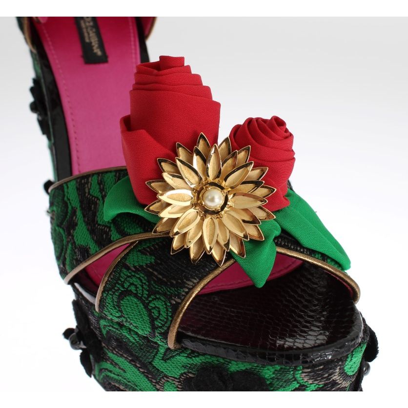 Dolce & Gabbana Green Brocade Snakeskin Roses Crystal Shoes