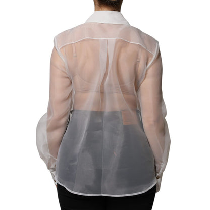 Elisabetta Franchi White Sheer Collared Buttoned Long Sleeves Top