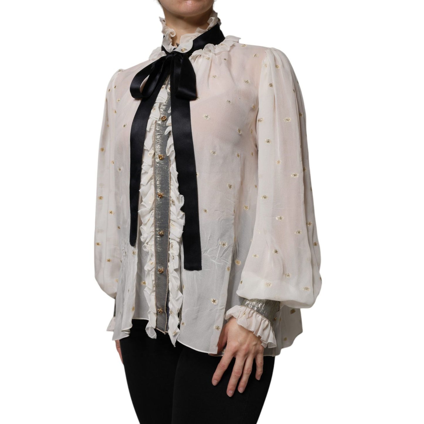 Dolce & Gabbana Off White Silk Blend Ascot Collar Blouse Top