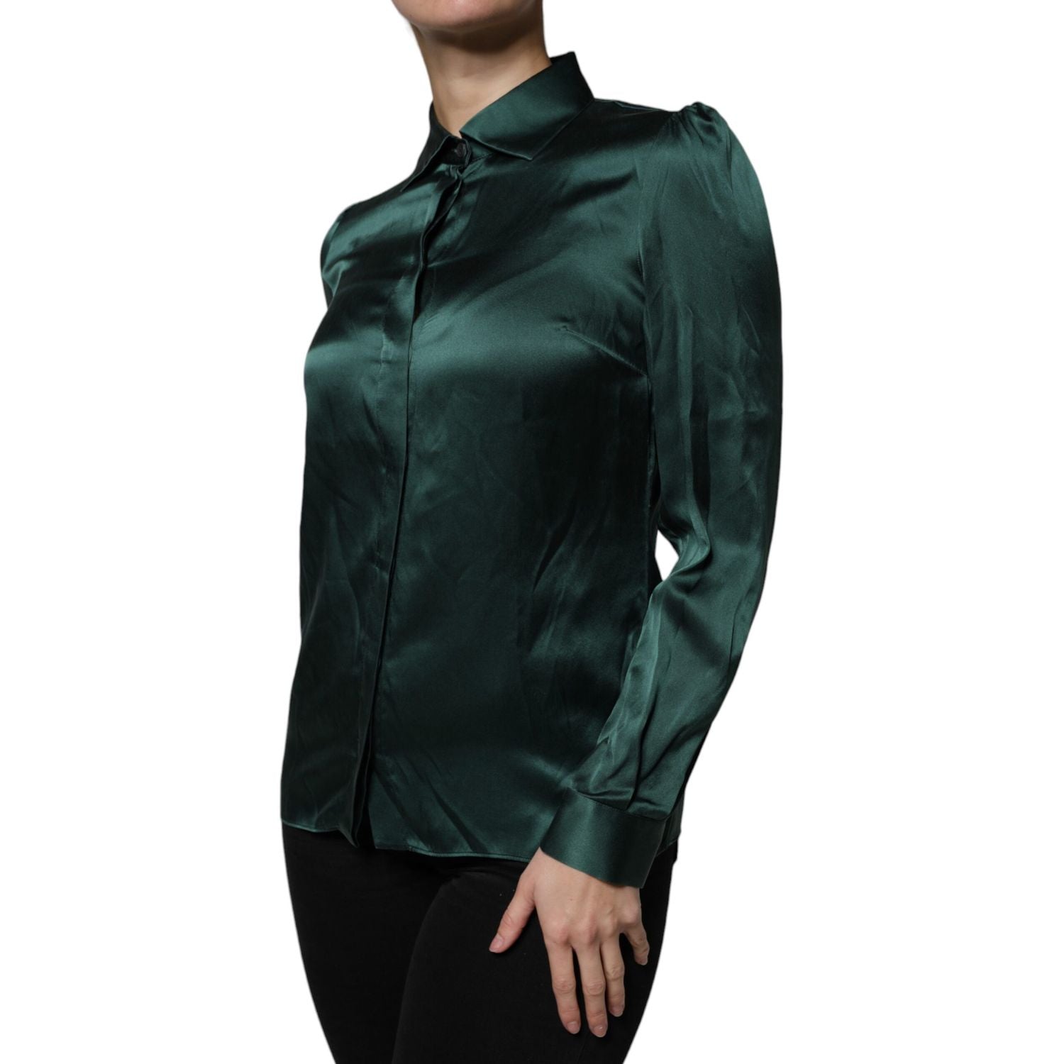 Dolce & Gabbana Dark Green Silk Button Down Long Sleeves Blouse Top