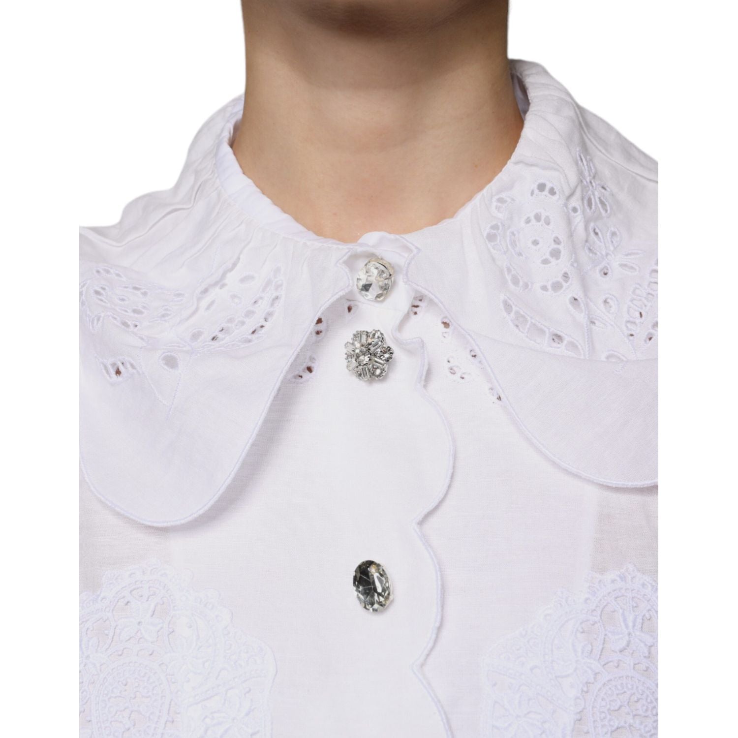 Dolce & Gabbana White Cotton Lace Trim Collared Blouse Top