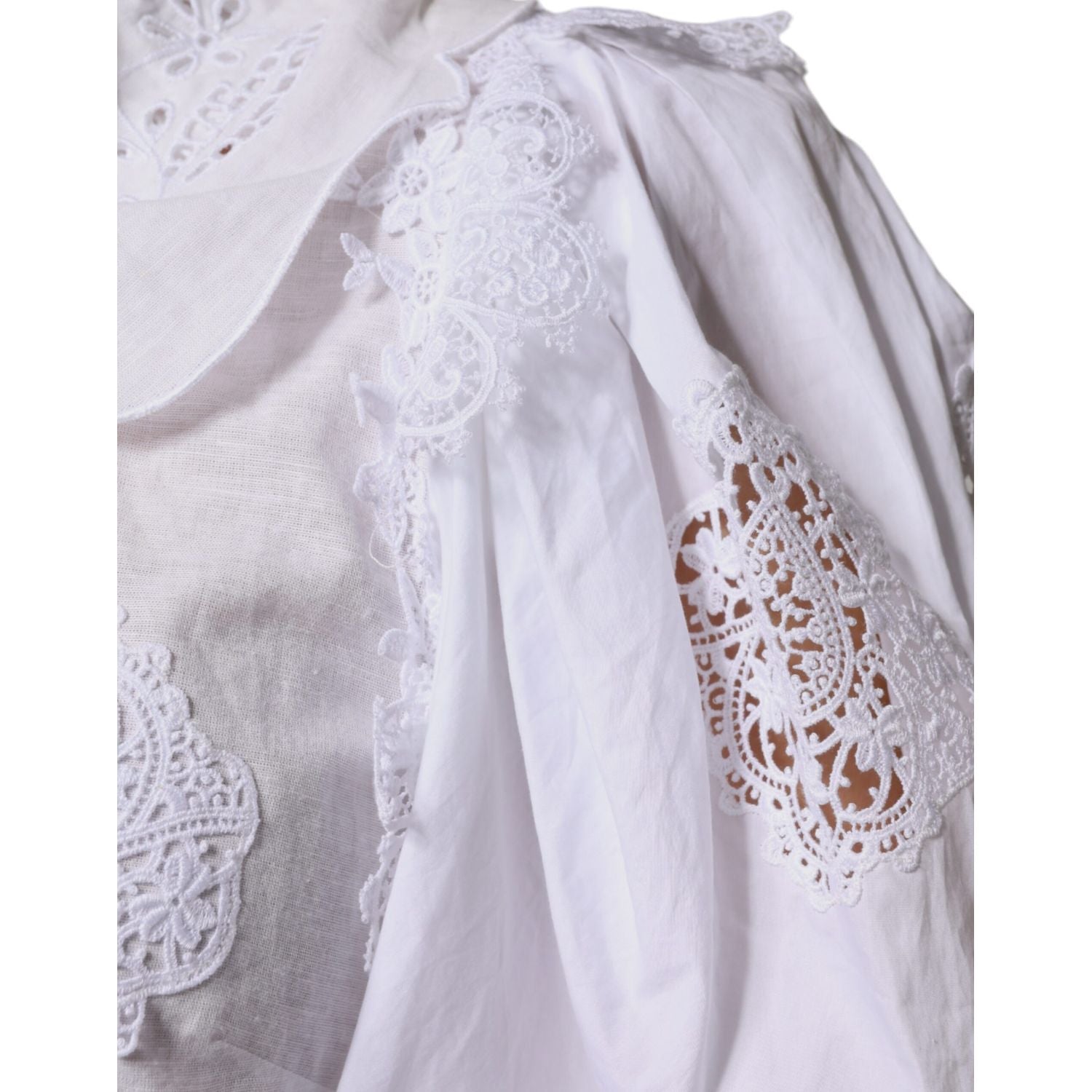 Dolce & Gabbana White Cotton Lace Trim Collared Blouse Top