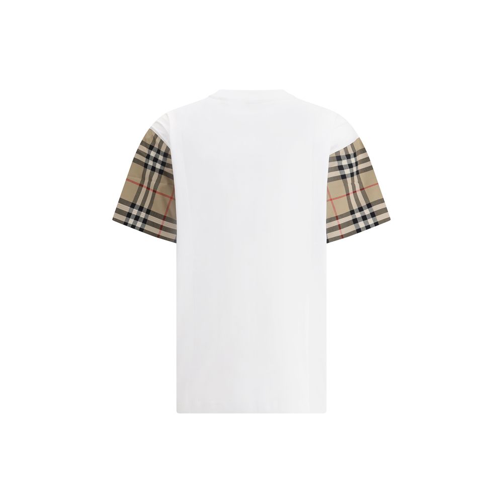 Back view of Burberry White Cotton T-Shirt with Archivio Check sleeves