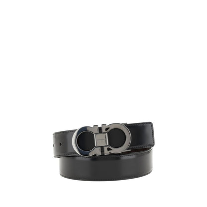 Ferragamo Black Calf Leather Bos Taurus Regular Belt with Gancini buckle, reversible design, perfect for versatile styling, AW25 collection.