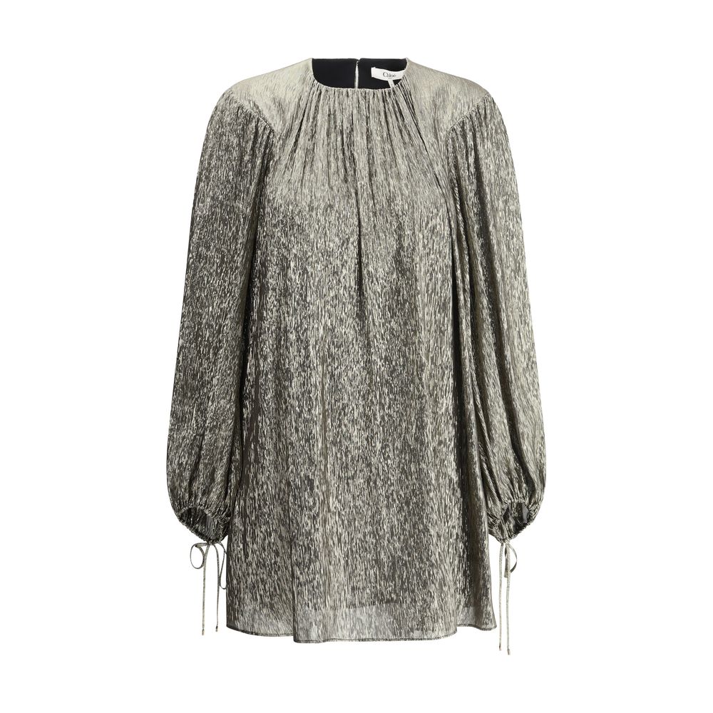 Chloé Gold Silk Cocktail Dress with crew neck and puff sleeves, elegant silk lamé fabric, perfect for evening events.