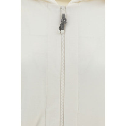 Brunello Cucinelli White Silk Sweatshirt with zipper closure and applique jewel details for elegance and comfort.