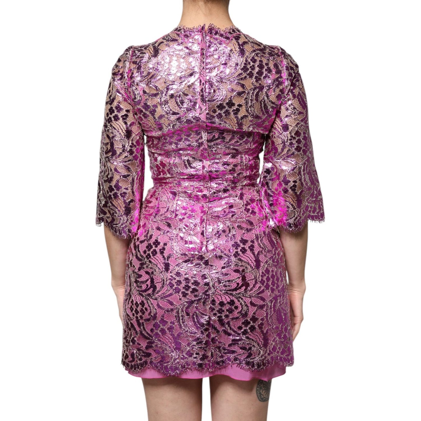 Dolce & Gabbana Metallic Fuchsia Floral Sheath Mini Dress