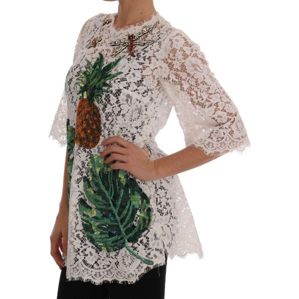 Dolce & Gabbana White Crystal Embellished Lace Blouse