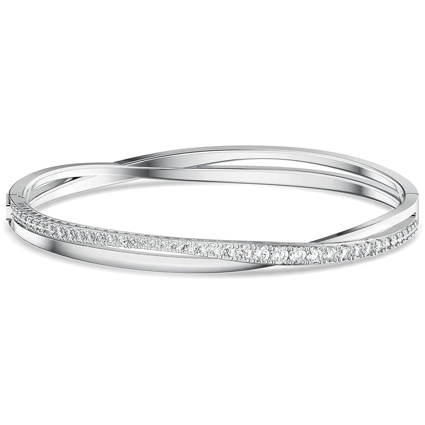 Elegant SWAROVSKI Mod. 5572725 silver bangle with crystals, perfect for ladies, featuring a sleek design and official packaging.