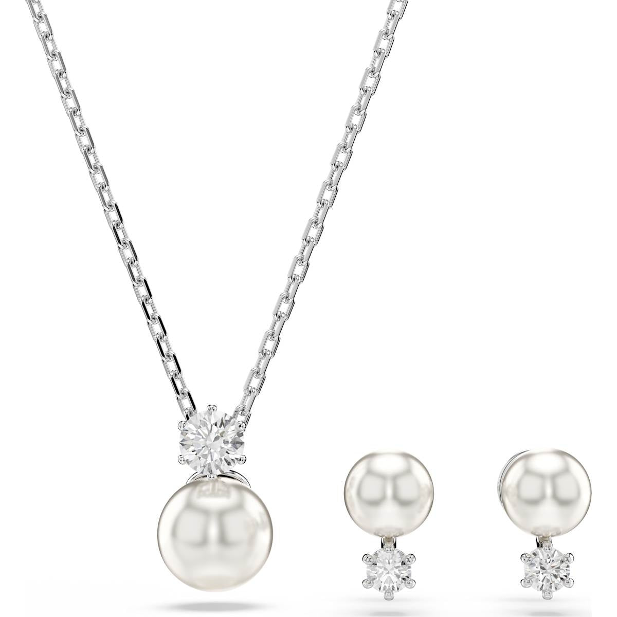 Elegant Swarovski pearl necklace and earring set with sparkling crystal accents.