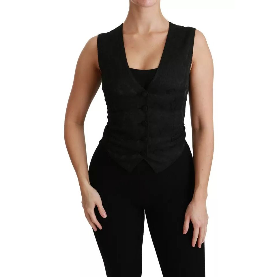 Dolce & Gabbana Black Lace Waistcoat Slim Vest Silk Top