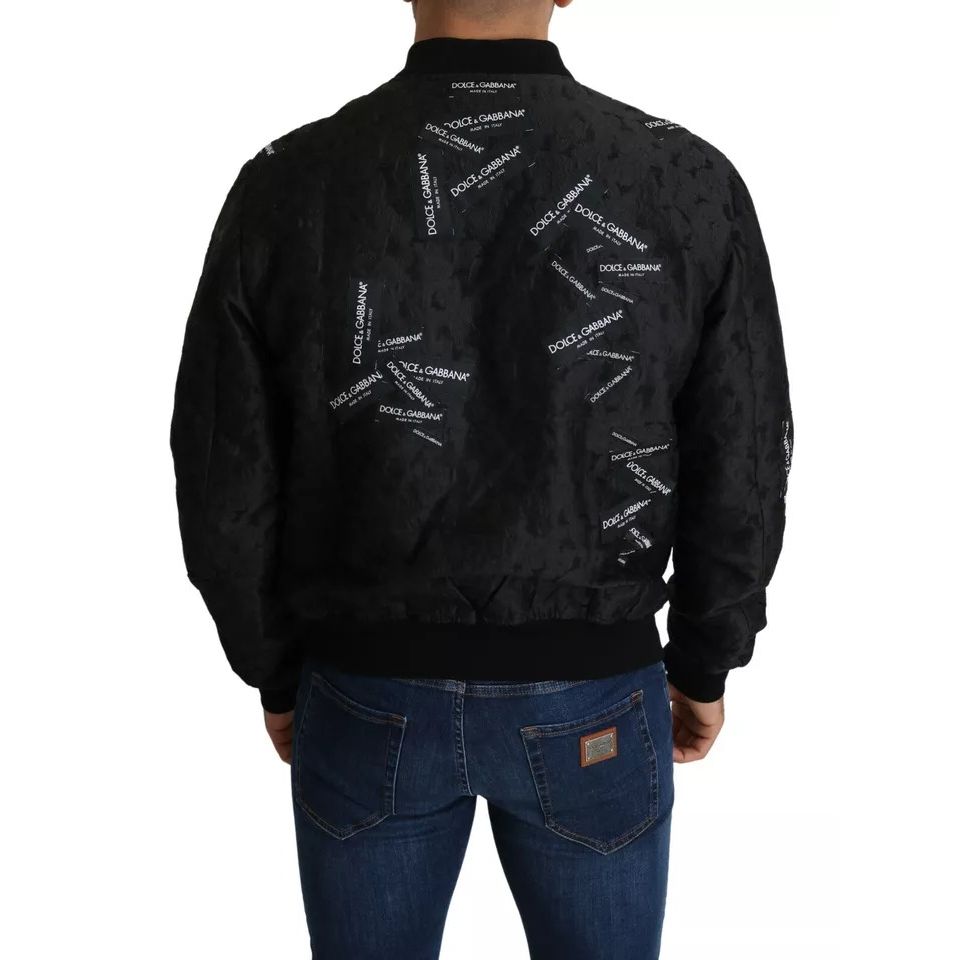 Dolce & Gabbana Black Logo Patch Brocade Bomber Full Zip Jacket