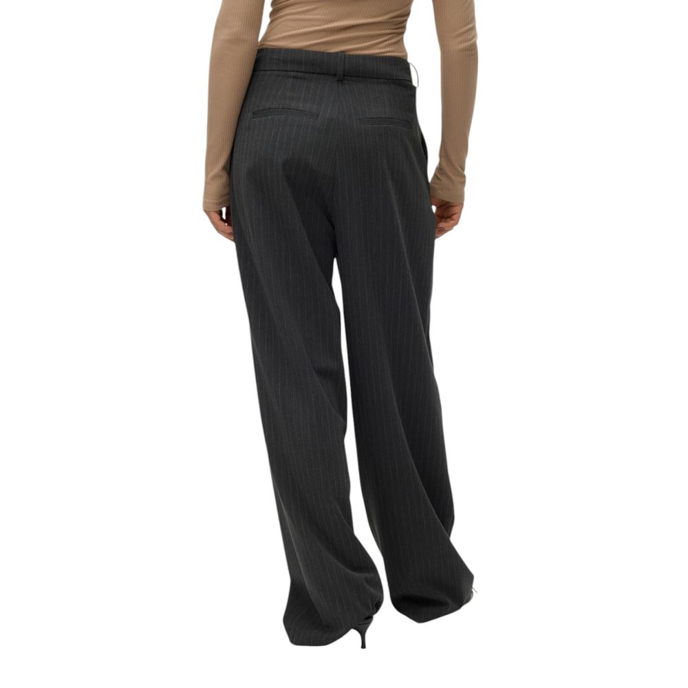 Back view of Vero Moda gray polyester pinstripe palazzo pants for women, featuring wide-leg design and mid-rise waist.