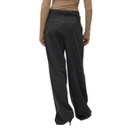 Back view of Vero Moda gray polyester pinstripe palazzo pants for women, featuring wide-leg design and mid-rise waist.