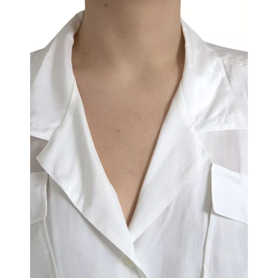 Dolce & Gabbana White Silk Collared 3/4 Sleeves Blouse Top