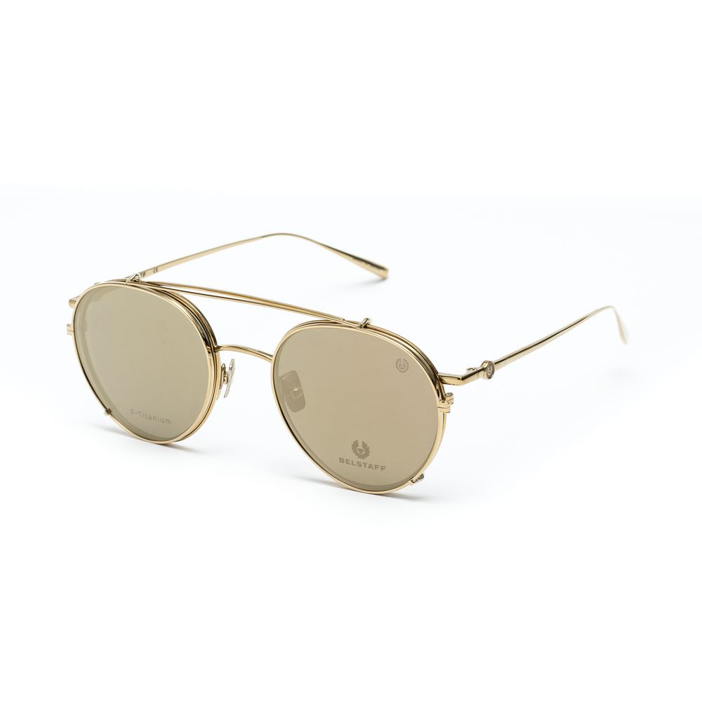 Belstaff Gold Titanium Frames featuring golden lenses and clip-on design, handcrafted in Japan, premium Mazzucchelli and Japanese acetate.