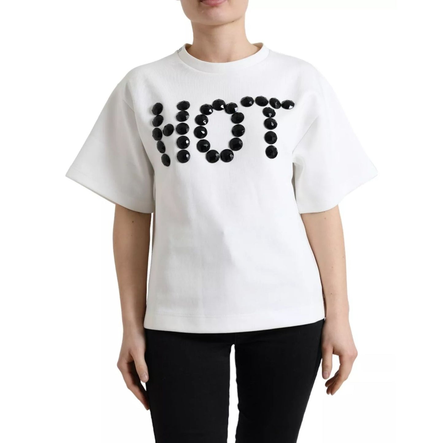 Dolce & Gabbana White Cotton Stretch Black HOT Crystal T-shirt