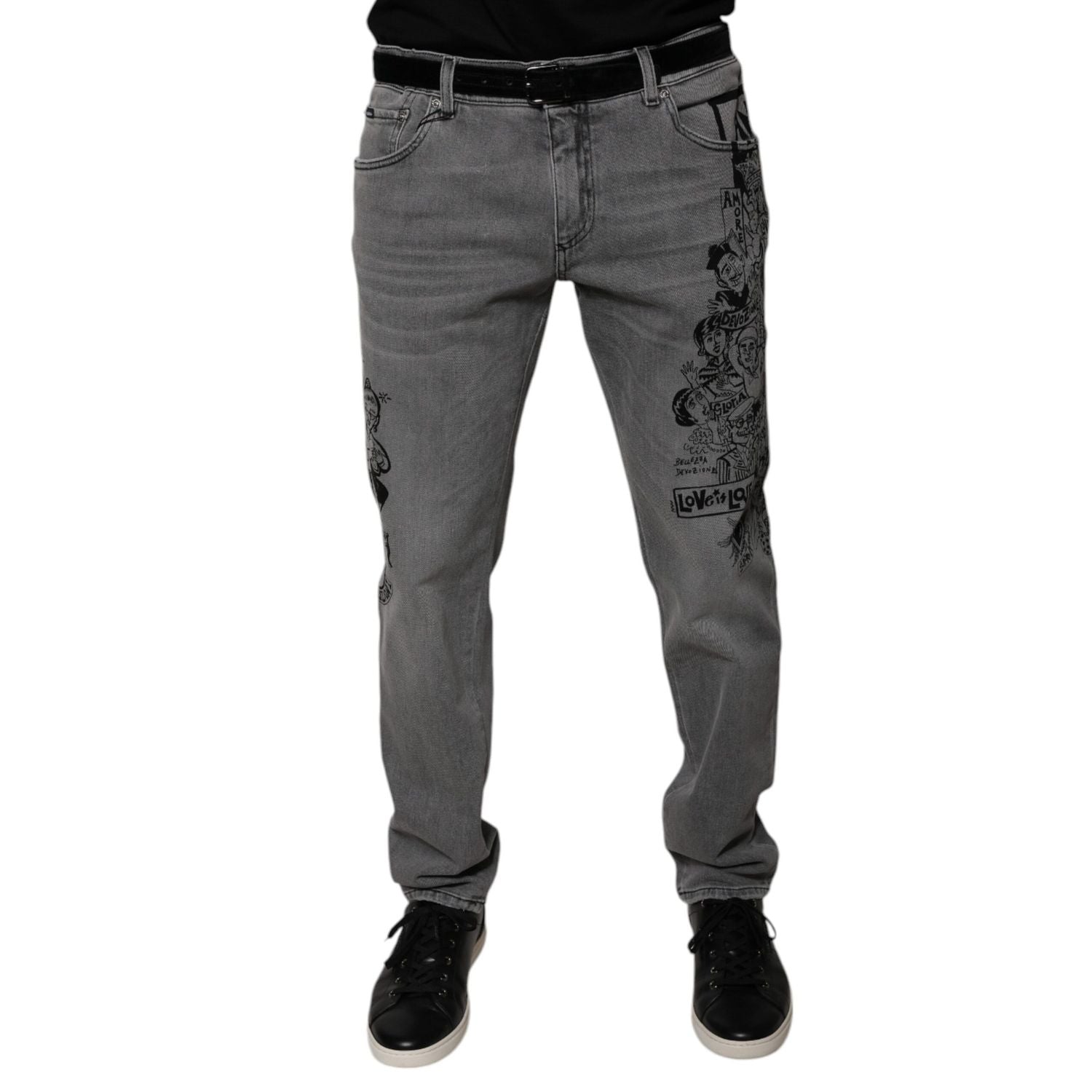 Dolce & Gabbana Gray Graphic Print Cotton Skinny Denim Jeans