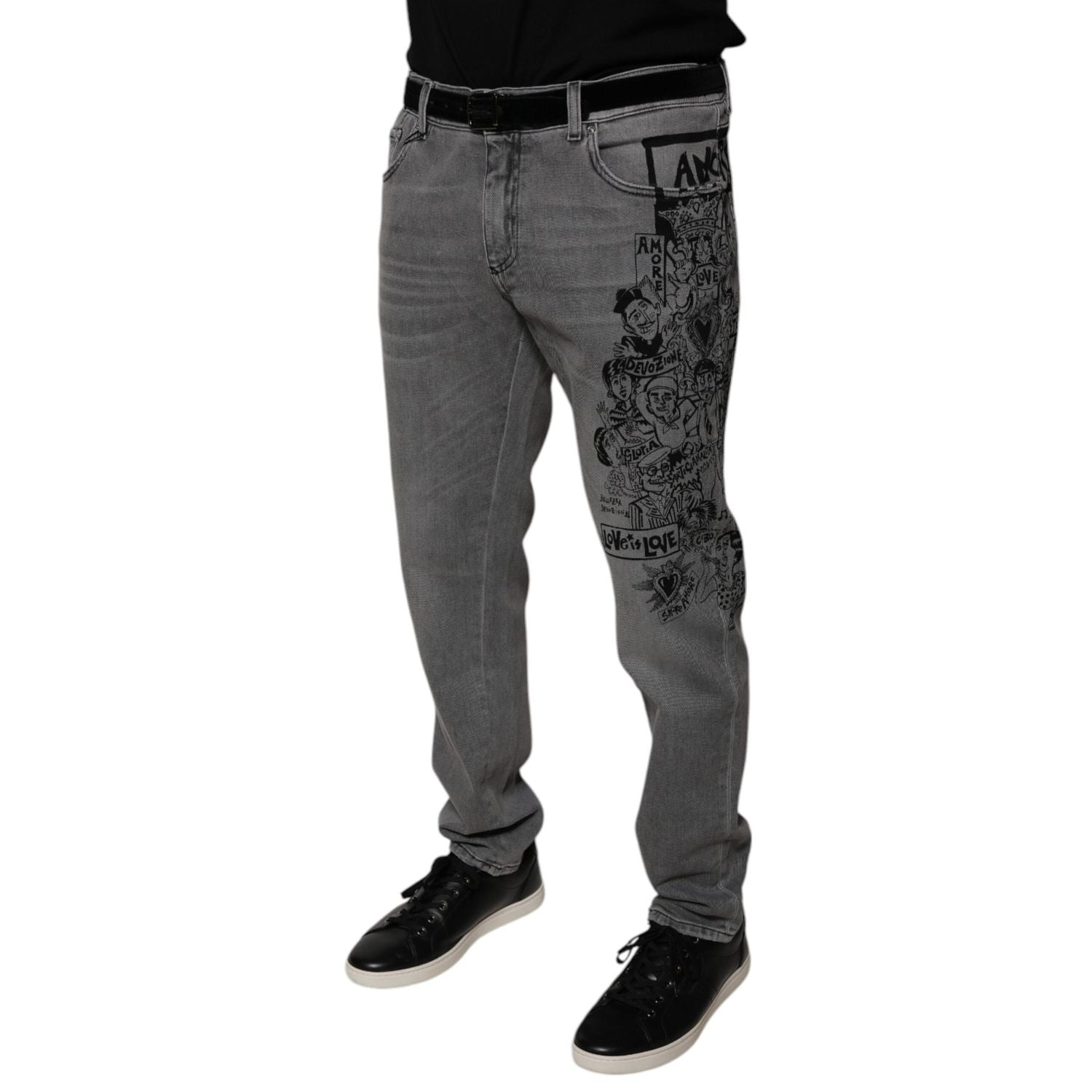 Dolce & Gabbana Gray Graphic Print Cotton Skinny Denim Jeans