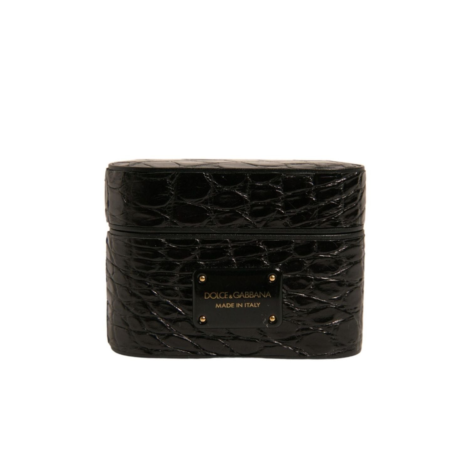 Dolce & Gabbana Black Leather Metal Logo Plaque Holder Airpods Case