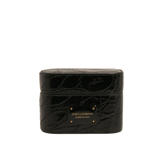 Dolce & Gabbana Black Leather Metal Logo Plaque Holder Airpods Case