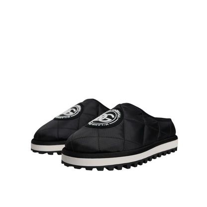 Dolce & Gabbana Black Nylon Quilted Logo Patch Sandals Slides Shoes