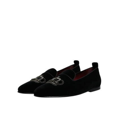 Dolce & Gabbana Black Velvet Crystal Crown Loafers Formal Dress Shoes