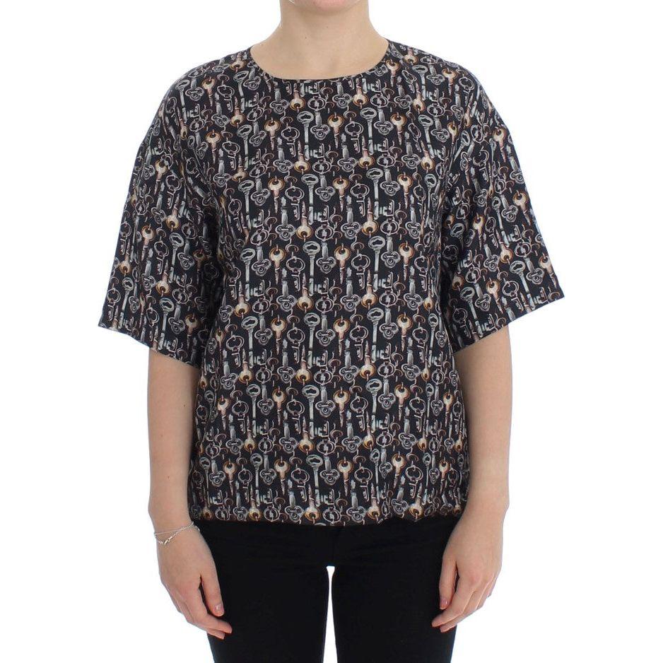 Dolce & Gabbana Gray Gold Key Print Silk Blouse T-shirt