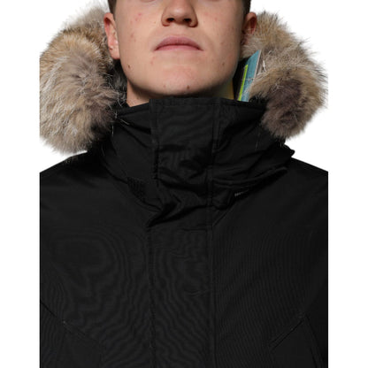 Woolrich Black Hooded Long Sleeves Fur Shearling Coat Jacket Woolrich