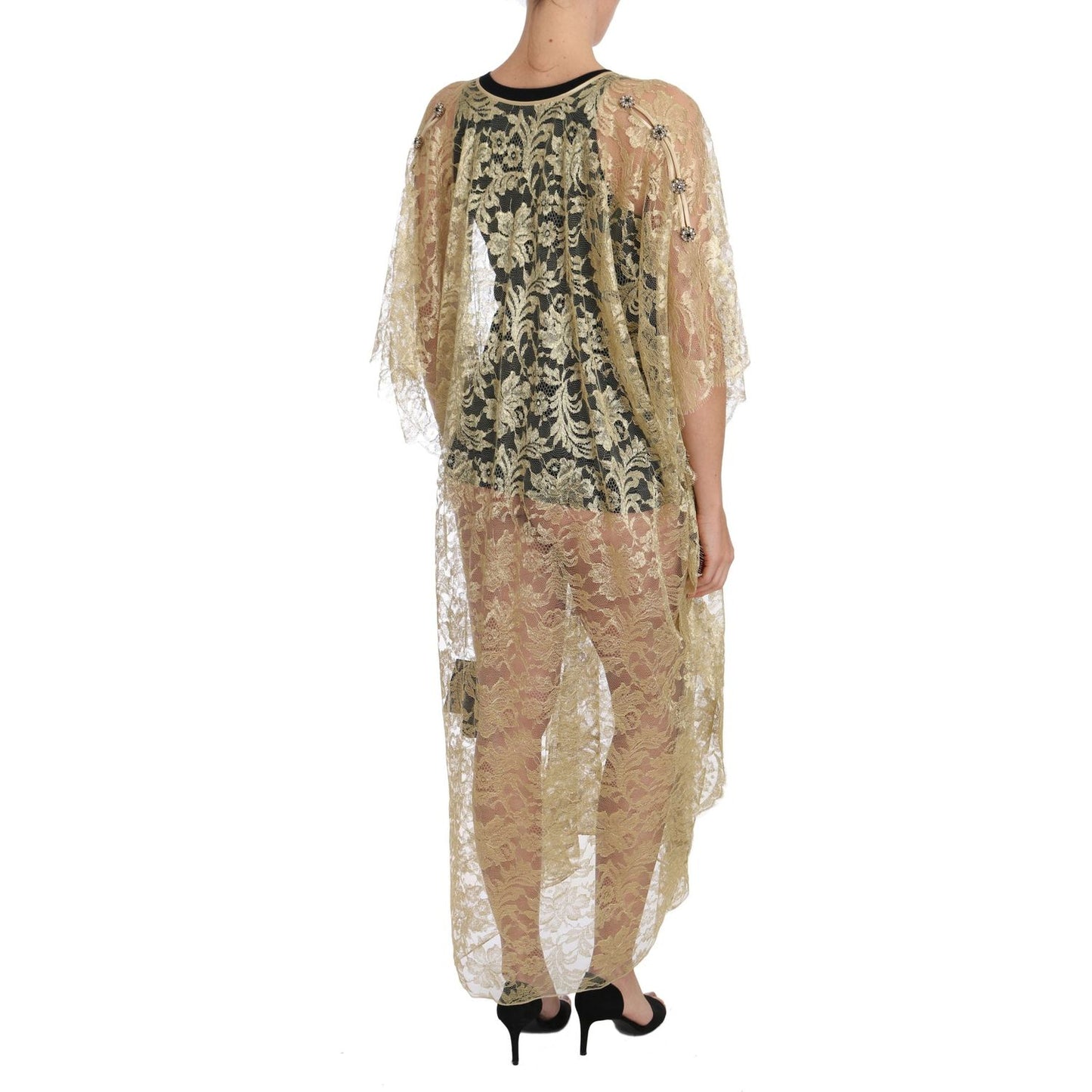 Dolce & Gabbana Gold Floral Lace Crystal Gown Cape Dress