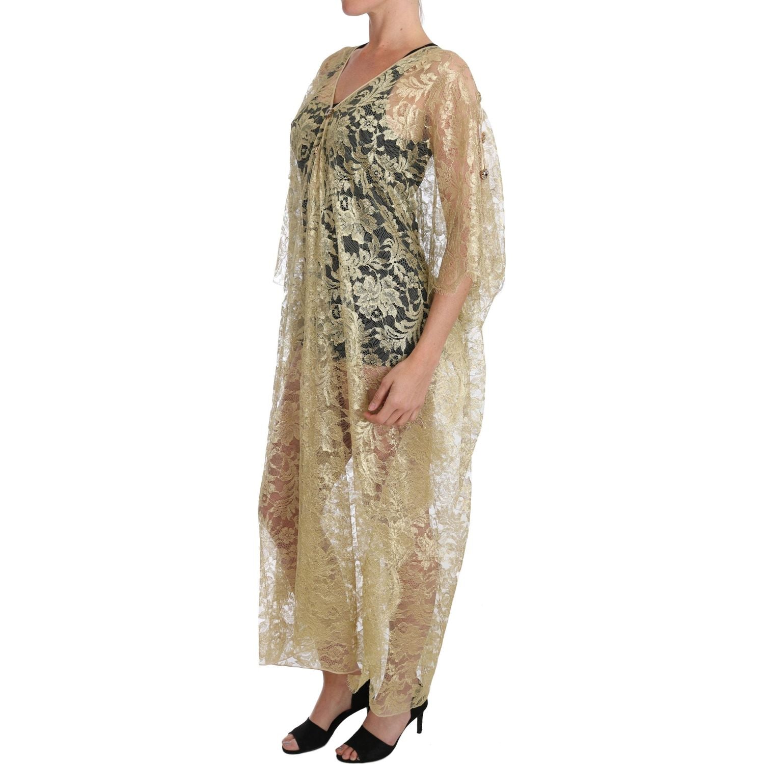 Dolce & Gabbana Gold Floral Lace Crystal Gown Cape Dress