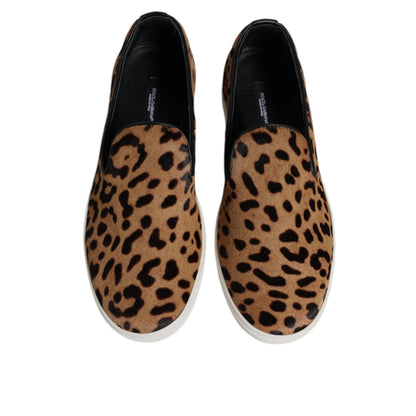 Dolce & Gabbana Brown Calfskin Fur Leopard Sneakers Shoes