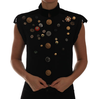 Dolce & Gabbana Black Embellished Floral Military Jacket Vest