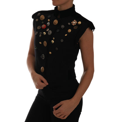 Dolce & Gabbana Black Embellished Floral Military Jacket Vest