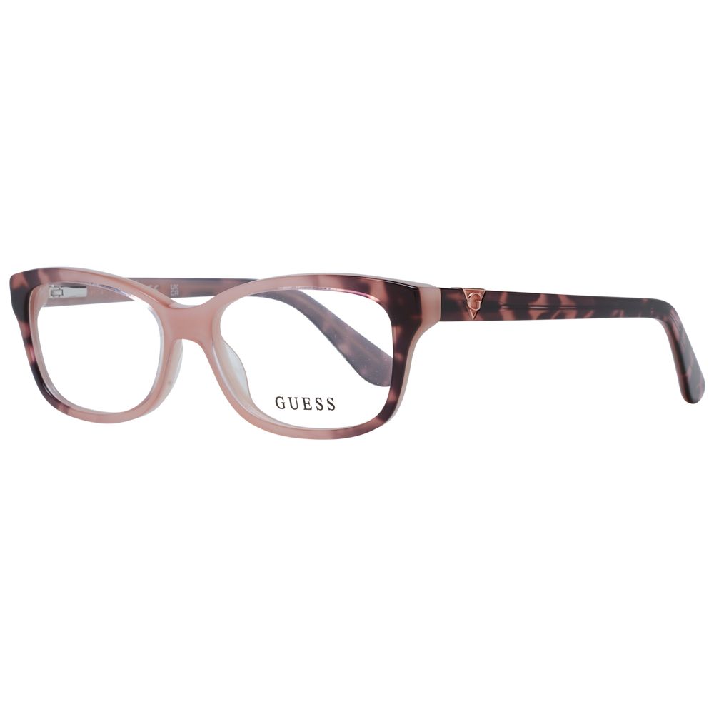 Guess Pink Women Glasses Frame in rose color with full-rim plastic frame, rectangle style, includes branded case, suitable for women.