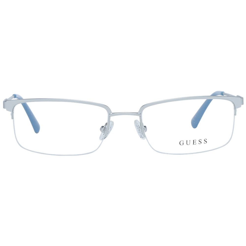 Guess Gray Men Glasses Frame in half-rim metal with 54 lens width. Stylish rectangle design with demo glasses and branded case.