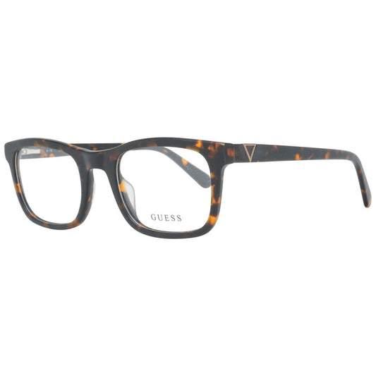 Guess Brown Men Glasses Frame with plastic full-rim rectangle design, spring hinge, and demo lenses. Includes branded case.