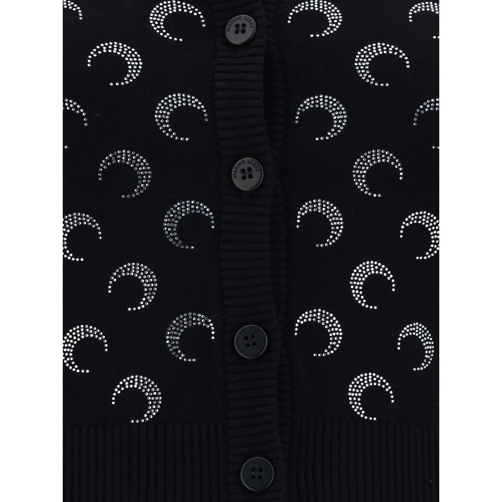 Marine Serre Black Viscose Cardigan with ribbed detailing and iconic all-over contrasting brand logo, featuring button front closure.
