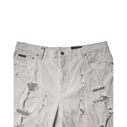 Dolce & Gabbana Light Gray Tattered Men Denim Bermuda Shorts