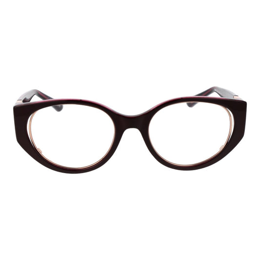 Guess Burgundy Women Glasses Frame, cat eye style, full-rim, plastic material, demo lenses, size 52-20-140, includes branded case.