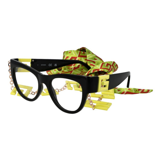 Guess Black Women Glasses Frame, black cat eye style with yellow-green eyewear chain, full-rim plastic, demo lenses, branded case included