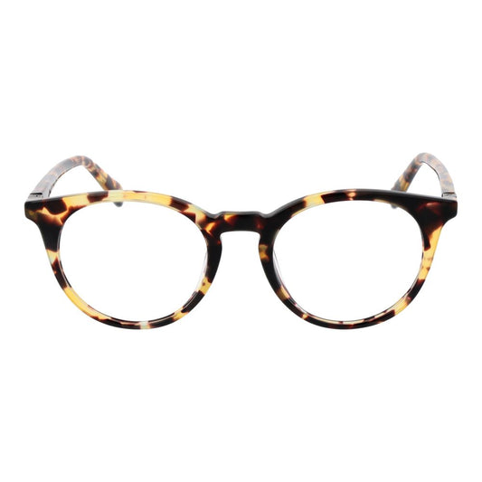 Guess Brown Women Glasses Frame in tortoiseshell acetate with round style, full-rim, and plastic demo lenses, size 48-19-145.