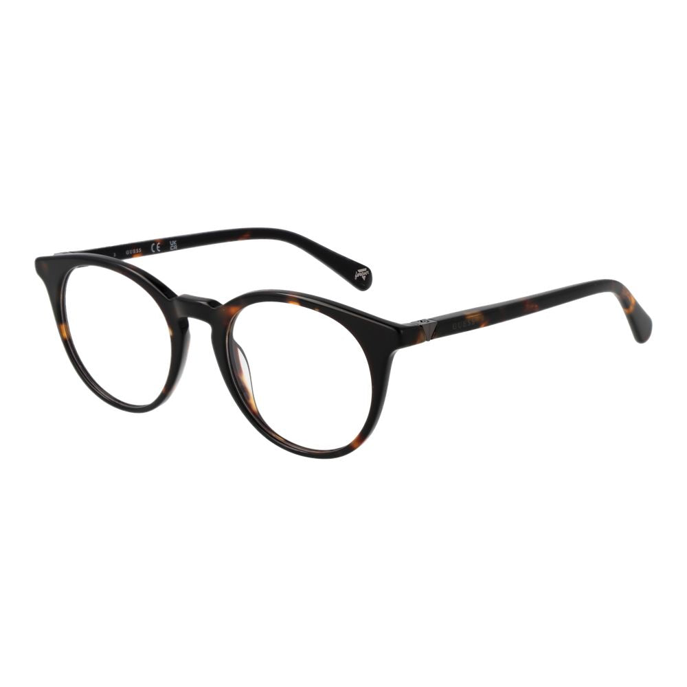 Guess Brown Men Glasses Frame in acetate, round style, full-rim with plastic demo lenses, includes branded case, no extra protection.