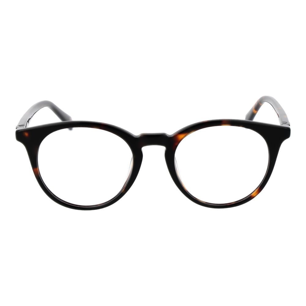 Guess Brown Men Glasses Frame with round acetate full-rim design and plastic demo lenses, perfect for a stylish look.