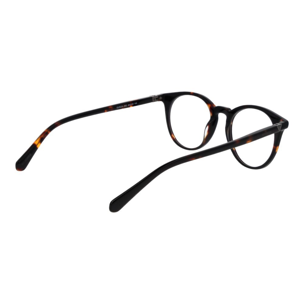 Guess Brown Men Glasses Frame, round full-rim acetate design with 48mm lenses and 145mm temples, includes branded case, no extra protection.